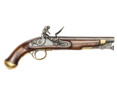 A .65” William IV Light Dragoon flintlock pistol, 15” overall, barrel 9” with Enfield ordnance proofs (worn); stepped line en