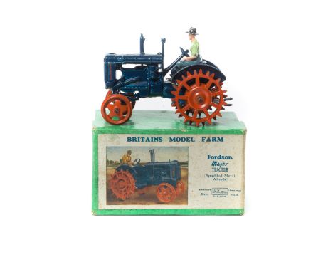Britains Fordson Major Tractor (Studded Metal Wheels) (127F). In dark blue with orange wheels. Boxed with driver figure. VGC 