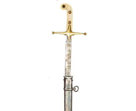 A Victorian officer’s mameluke hilted sword of the 10th Royal Hussars, curved fullered blade 32”, etched in scrolled, foliate