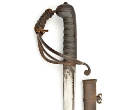 An 1821 pattern cavalry officer’s sword,  slightly curved, pipe backed blade 32” etched on both sides (faint) with crowned VR