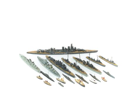 35 lead and die-cast waterline ships by various makes including some pre-war examples. Approx 1:1200 scale battle ships, subm