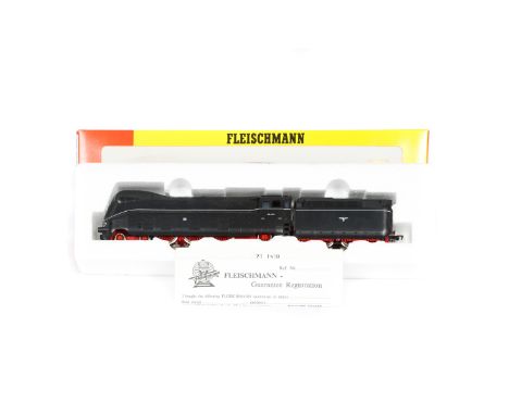 A Fleischmann 'OO' gauge locomotive. A German class 03 4-6-2 streamlined tender locomotive, RN 03-1074. In lined black livery