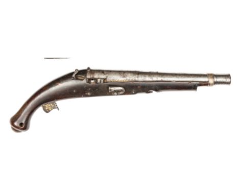 A rare 18th century Indian 18 bore matchlock pistol,  17” overall, heavy tapered 2 stage barrel 11” with raised rearsight at 