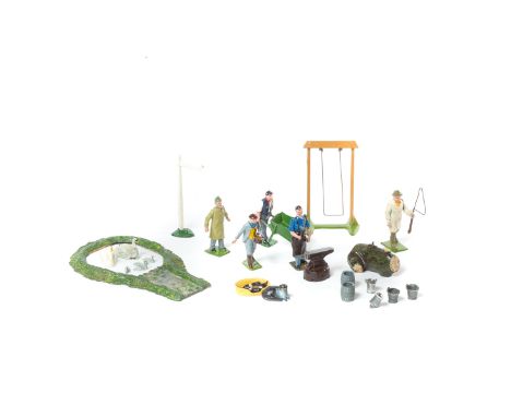 Britains Farm series figures etc. Man pushing wheelbarrow. Lead pond with 2 swans and 5 signets, cat in a basket with 5 kitte