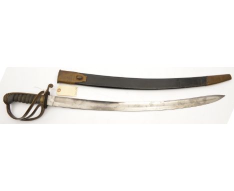 A good constabulary type sidearm, curved, fullered, SE blade 24”, brass hilt with knucklebow and 2 sidebars, stepped pommel, 