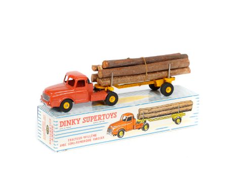 French Dinky Supertoys Willeme tractor and lumber carrier (897). The tractor unit in orange with yellow wheels, together a ye