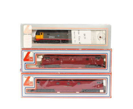 3 Lima BR diesel locomotives. A Class 52 diesel-hydraulic Co-Co loco, Western Gladiator D1016, in maroon. A Class 43 Warship 