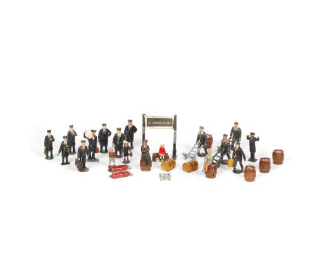 A small collection of railway figures and accessories by Timpo and Hill etc. Railway Staff Including Station Masters, Guards 