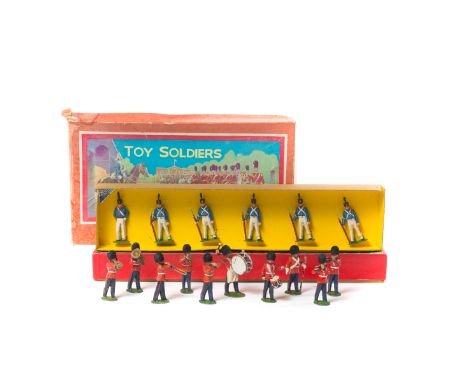 A small quantity of lead military figures. A Johillco set of Scottish Highlanders, comprising 6 marching with rifles at the s
