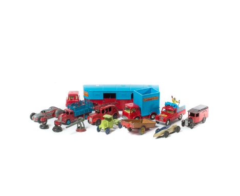 30 Dinky, Corgi, Tootsie Toys etc. Loud Speaker van, example in grey with black loud speaker and wheels. 2x Taxi's, one green