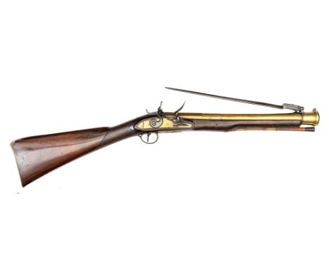 A brass barrelled flintlock blunderbuss with spring bayonet, by Ketland & Co, c 1780, 31” overall, 3 stage bell mouth barrel 