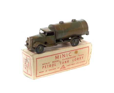 Tri-ang Minic Army Petrol Tanker (15M CF). A fixed chassis example in green and brown camouflage with green wheels and black 