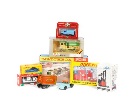 30 plus Various Makes. A 1960's Matchbox Service Station MG-1. Building with covered petrol pumps, BP sign and 'MATCHBOX' wit