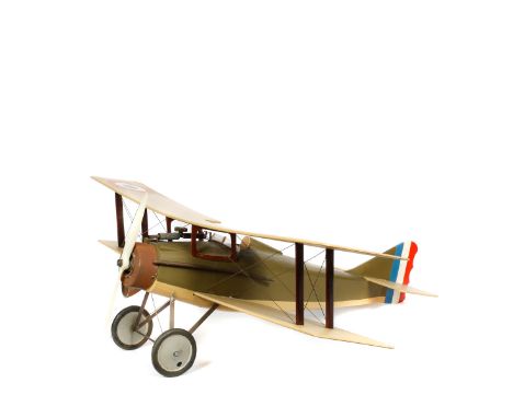 A large scale model based on a WW1 French Spad Bi-Plane. A hand-built model, with a wing-span of 100cm and overall length of 