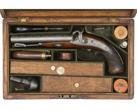 A fine cased mid 19th century double barrelled 14 bore officer’s percussion howdah pistol, by Trulock & Son, Dublin, 12½” ove