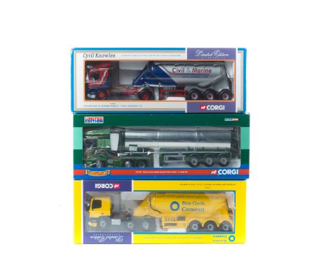 3 Corgi articulated trucks. 2x Leyland DAF Powder Tanker, 'Blue Circle Cement' 75902 and 'Cyril Knowles Ltd' 75901. Plus a  S