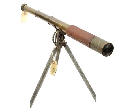 A 3 draw 25x brass telescope, by Broadhurst Clarkson Co Ltd, 63 Farringdon Rd, London, with leather covered body. GC (slightl