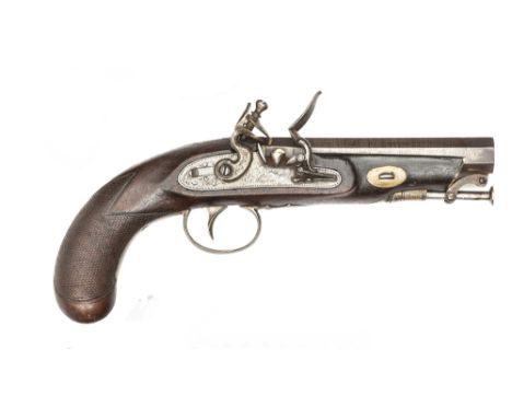 A 40 bore flintlock travelling pistol c 1820,  10” overall, octagonal twist barrel 5” with platinum line and touch hole, scro