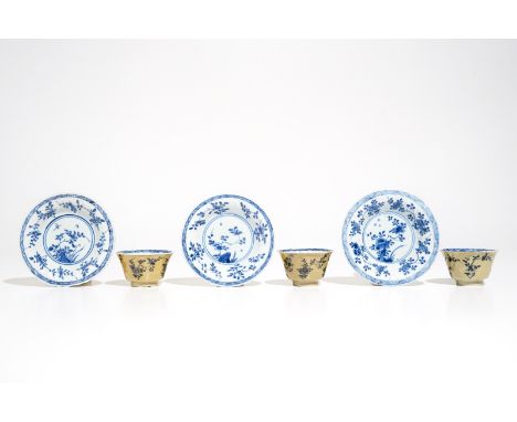Three Chinese blue and white and café au lait-glazed cups and saucers, Kangxi H.: 4 cm - Dia.: 7 cm (cup)Dia.: 11,5 cm (sauce