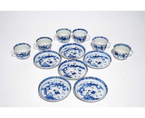 Six Chinese blue and white cups and saucers, Kangxi mark, 19th C. H.: 6,5 cm - L.: 11 cm (the cup)Dia.: 14,5 cm (the saucer)