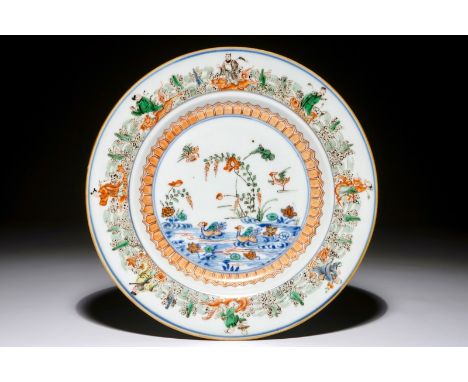 A Chinese famille verte doucai plate with immortals and mandarin ducks, Kangxi/Yongzheng Dia.: 22 cm