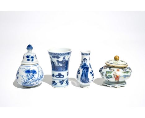 Four Chinese blue and white and famille verte miniature vases, Kangxi and later H.: 8 cm (the tallest)
