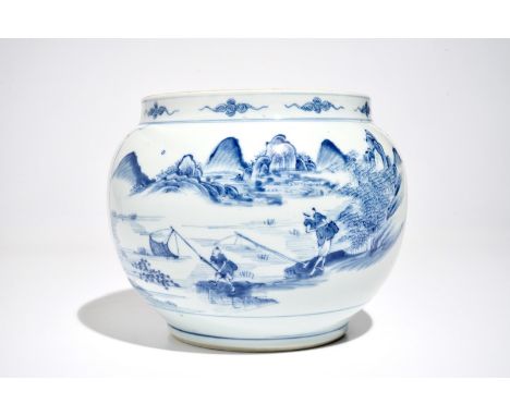 A Chinese blue and white globular bowl with figures in a landscape, Kangxi H.: 18 cm - Dia.: 23,5 cm
