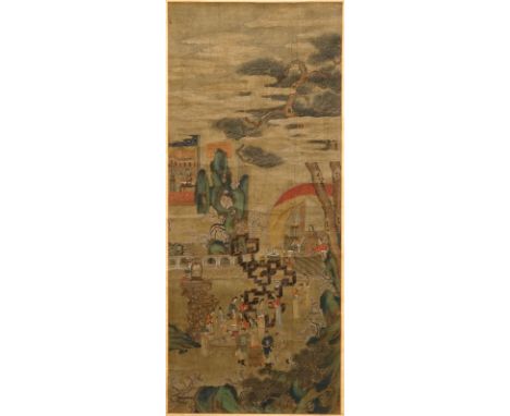 A Chinese silk scroll painting of a garden scene, signed, 18/19th C. Dim.: 107 x 44,5 cm (the painting)Dim.: 168 x 58,5 cm (t