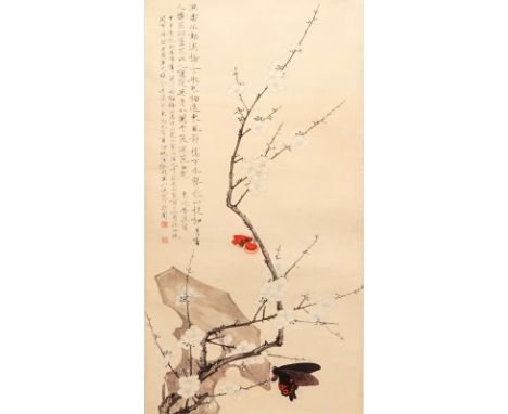 A Chinese paper scroll painting of butterflies and blossoms, signed Yu Fei'an (1888-1959) Dim.: 84,5 x 44,5 cm (the painting)