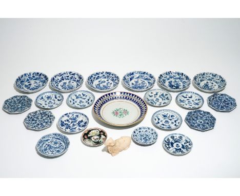 Twenty-one mostly blue and white plates, Kangxi, and a pottery model of a ram, Han dynasty Dia.: 24 cm (the largest plate)
