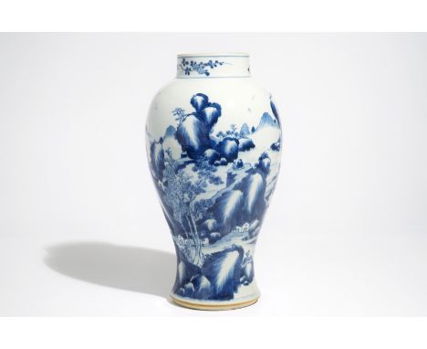A Chinese blue and white baluster vase with landscape design, Kangxi H.: 38 cm