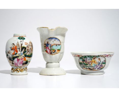 A Chinese famille rose European subject ewer, a bowl and a tea caddy, Qianlong H.: 13 cm - L.: 16 cm - W.: 8 cm (the jug)  Th