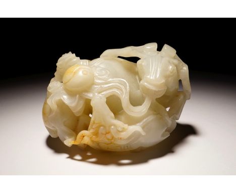 A Chinese white jade carving of a "Three rams" group, 19/20th C. Dim.: 4,5 x 9 x 6,5 cm