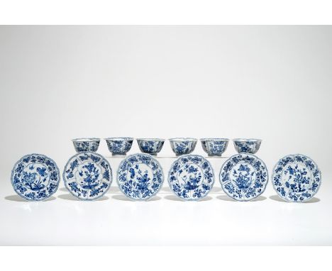 Six Chinese blue and white cups and saucers with floral design, Kangxi H.: 5 cm - Dia.: 9 cm (the cup) Dia.: 13,5 cm (the sau