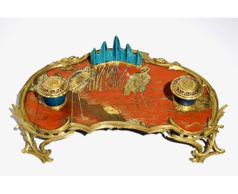 A Louis XV ormolu-mounted lacquer and turquoise Chinese porcelain inkstand, Kangxi and ca. 1740 Dim.: 49 x 34 x 12 cm 