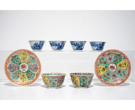 A pair of Chinese famille verte cups and saucers and four blue and white cups, Kangxi H.: 4,5 cm - Dia.: 8,5 cm (the cups) - 