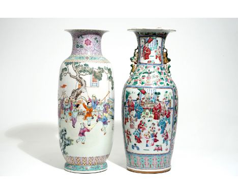 Two tall Chinese famille rose vases with playing boys and court scenes, 19th and 20th C. H.: 62 cm