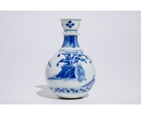 A Chinese blue and white vase or huqqa base, Kangxi H.: 18 cm