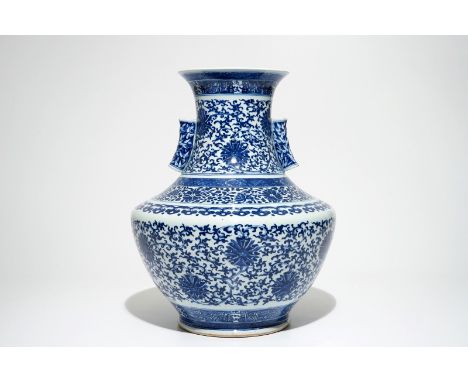 A Chinese blue and white lotus scroll hu vase, Qianlong mark, 19th C. H.: 50 cm