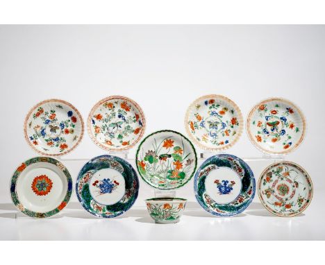 A Chinese famille verte cup and saucer and eight saucers, Kangxi H.: 4 cm - Dia.: 8,5 cm (the cup)Dia.: 13 cm (the saucer)
