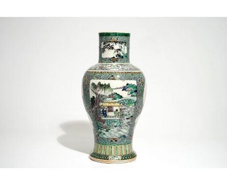 A Chinese verte enamel on biscuit vase with a fluvial landscape, Kangxi H.: 45 cm