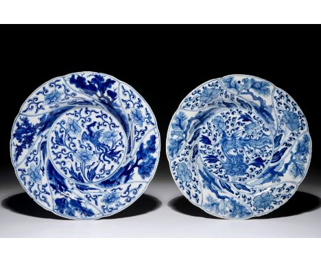 Two Chinese blue and white lobed plates with a phoenix and monkeys, Kangxi Dia.: 22 cm