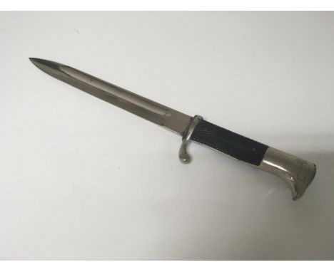 A German WW2 dress bayonet, with a polished blade, scabbard and frog. Unmarked.