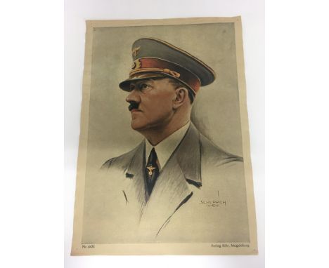 A German WW2 paper Adolf Hitler portrait poster. Size approx 44cm by 32cm. Staple holes to each corner.