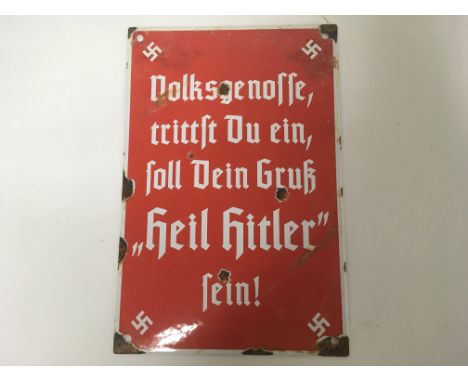 A German WW2 enamel plaque regarding the phrase "heil hitler". Size approx 20cm by 30cm.