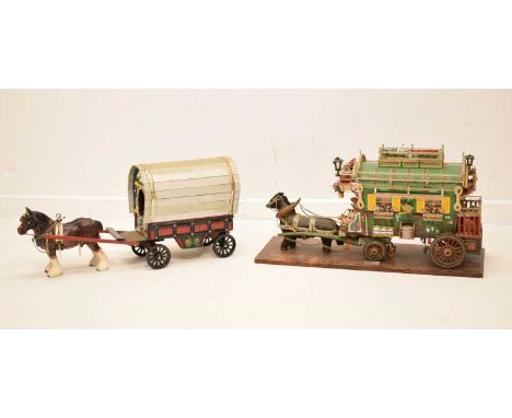 Wooden scratch built horse drawn gypsy coach / caravan, with shutter windows, tools, and decorative detailing, mounted on woo