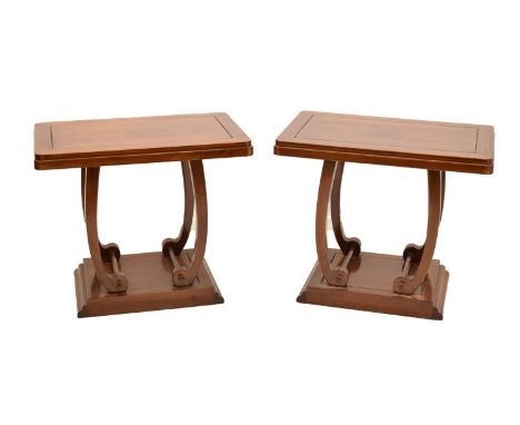Pair of modern Chinese hardwood console tables, each with stepped top raised on four c-scroll supports and plinth base, 80cm 