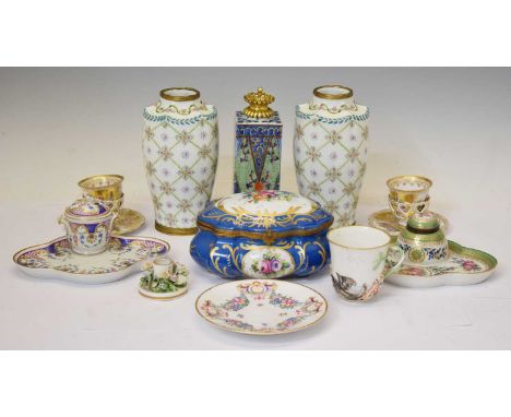 Assorted Continental ceramics, to include: Two Dresden inkwells and two egg cups with stands, Limoges table box, pair of vase