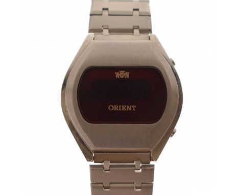 Orient - Digital stainless steel bracelet watch, F680105-40, signed red oblong dial, signed screw-down case back, 39mm x 35mm