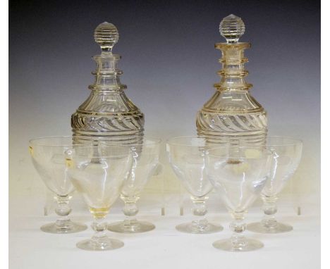 Set of six glass rummers, of typical form with knopped stem, together with a pair of 19th century three-ring cut glass decant